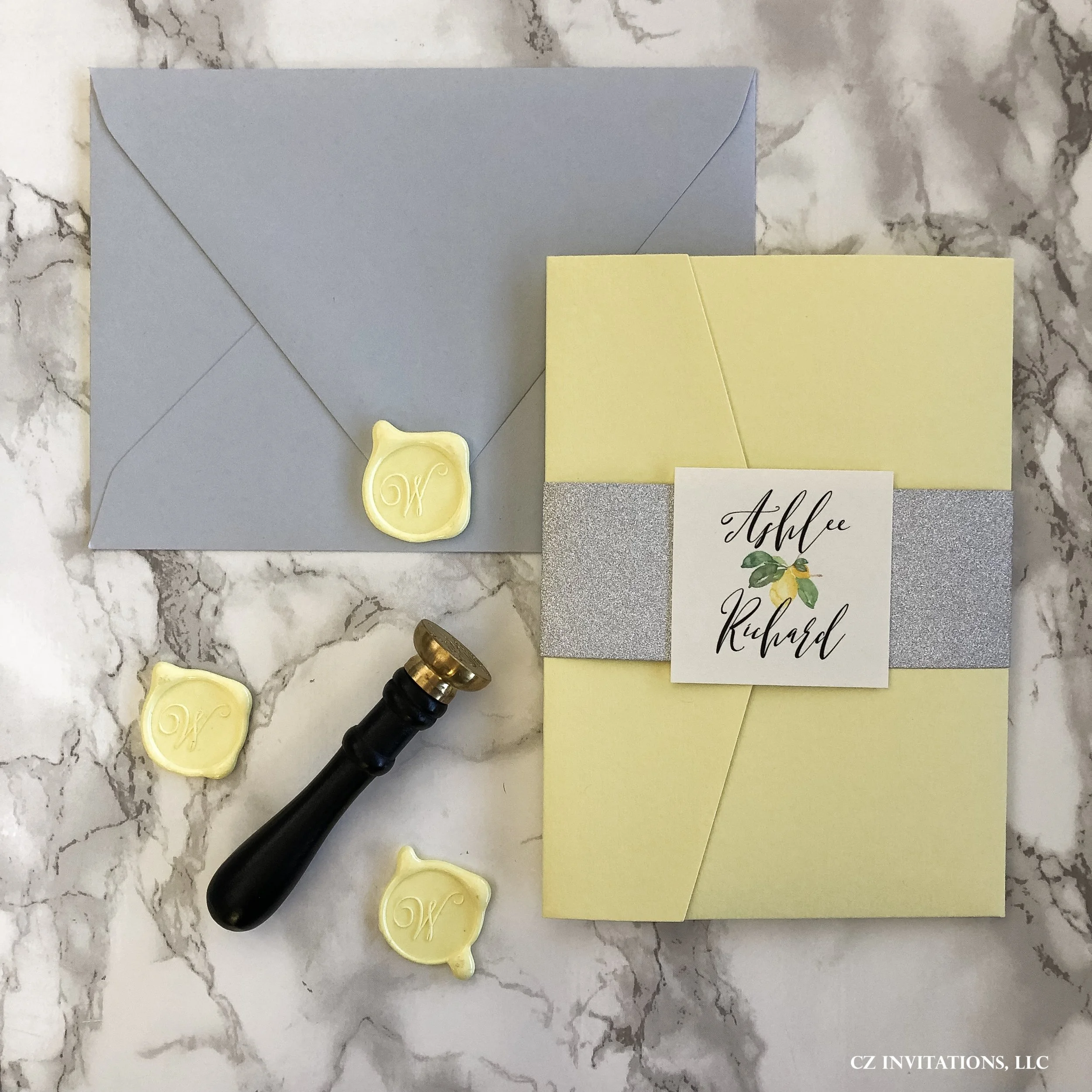 Lemon Yellow and Silver Glitter Wedding Invitation — CZ INVITATIONS